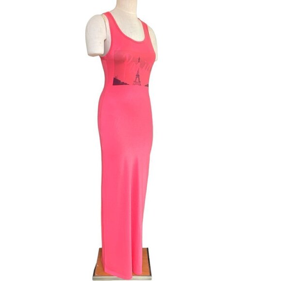 Go Couture Women's Racerback Knit Maxi Dress L Pink Paris Eiffel Tower #81K - Picture 3 of 9